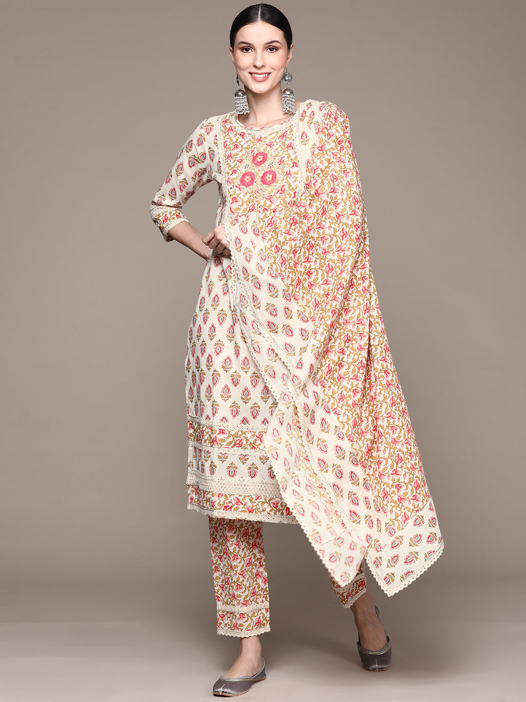 Ishin Women's White Embroidered A-Line Kurta with Trouser & Dupatta