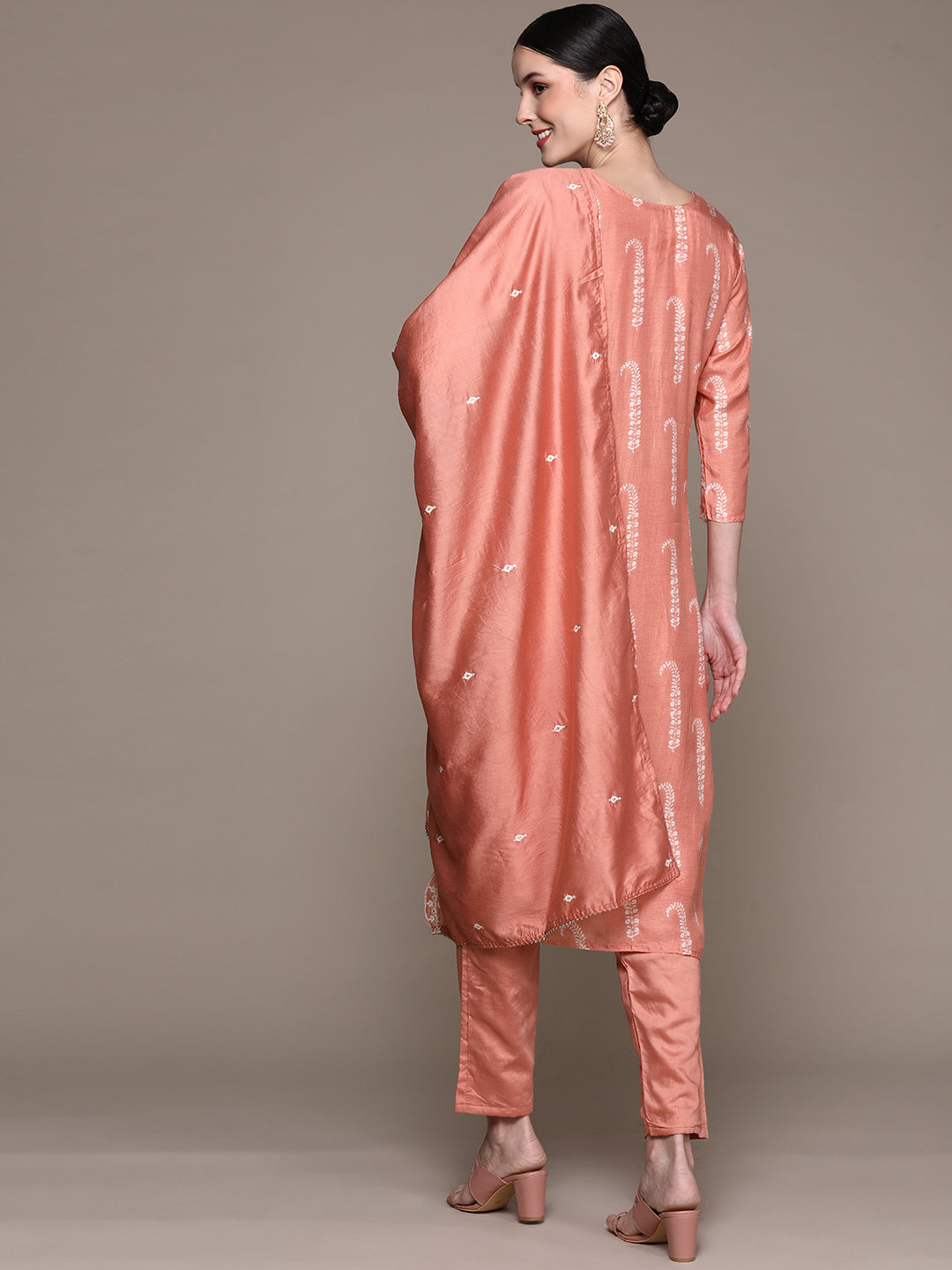 Ishin Women's Peach Yoke Embroidered A-Line Kurta with Trouser & Dupatta