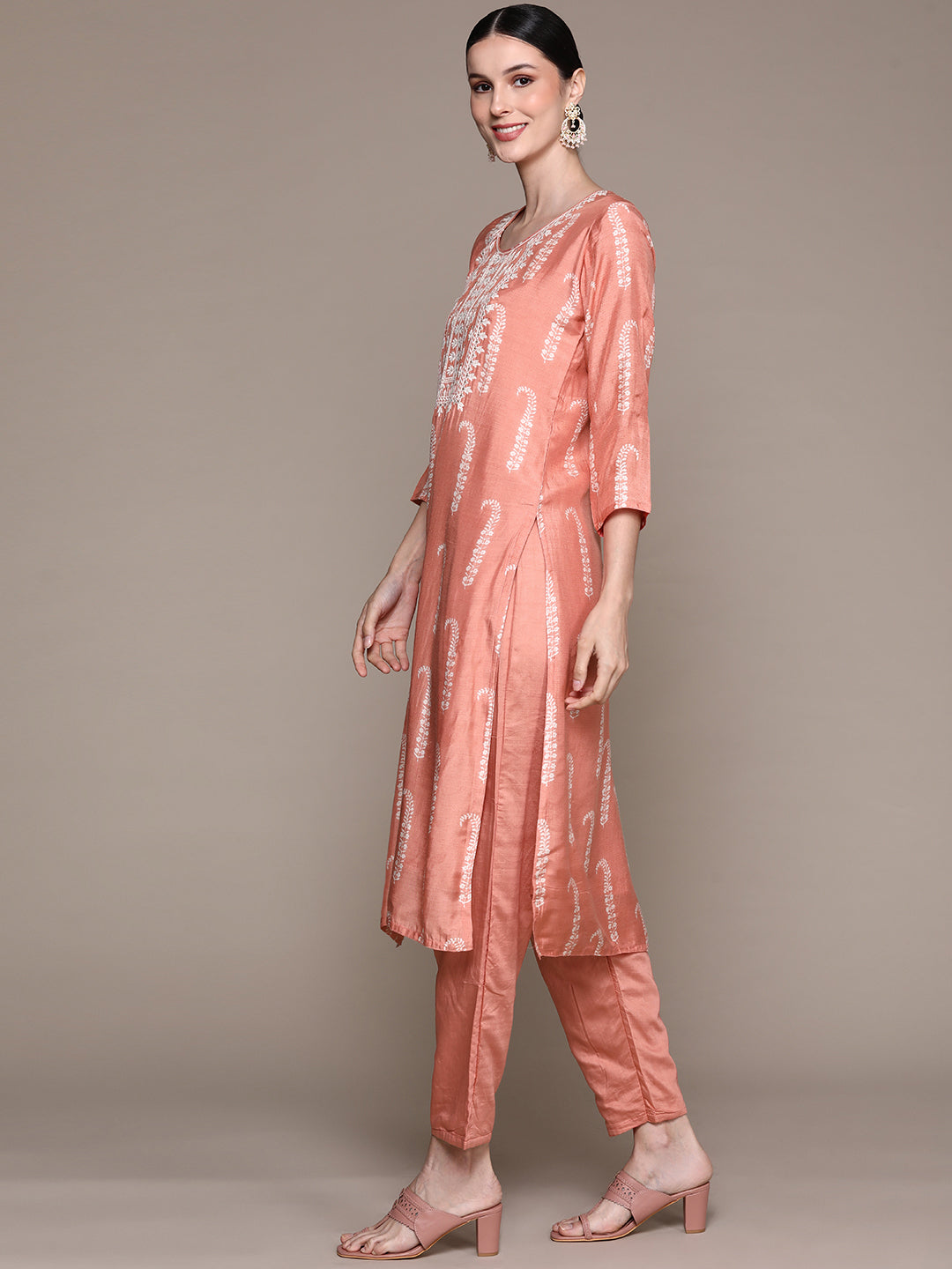 Ishin Women's Peach Yoke Embroidered A-Line Kurta with Trouser & Dupatta