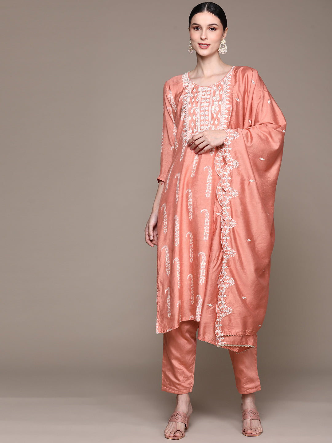 Ishin Women's Peach Yoke Embroidered A-Line Kurta with Trouser & Dupatta