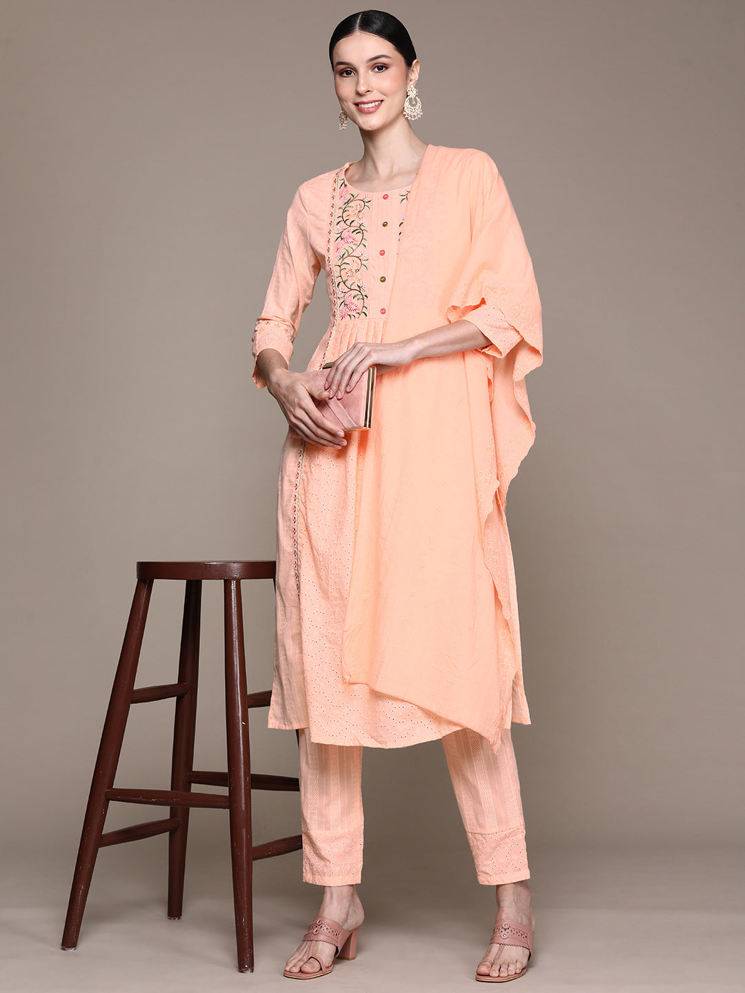 Ishin Women's Peach Embroidered Panelled Kurta with Trouser & Dupatta