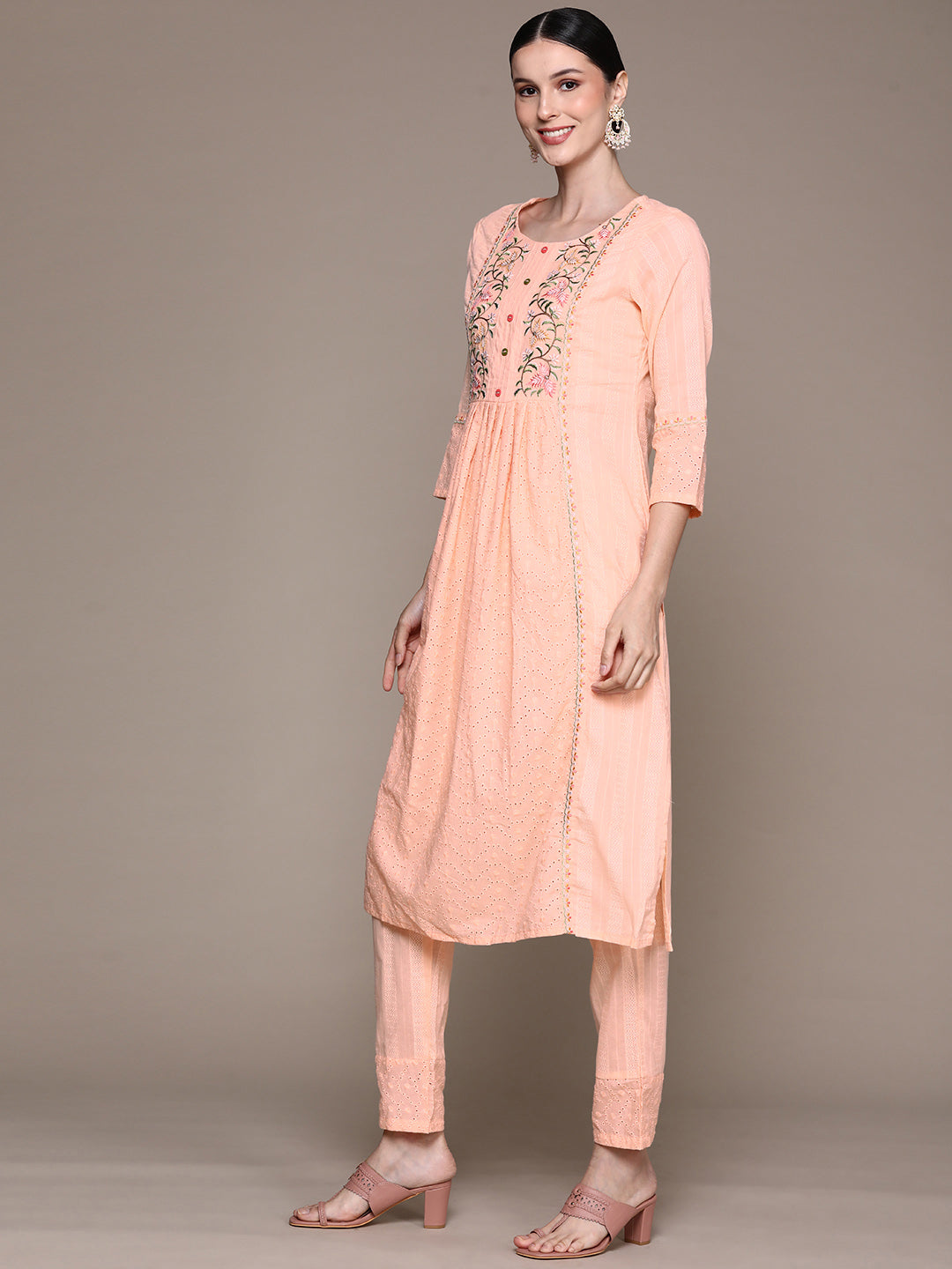 Ishin Women's Peach Embroidered Panelled Kurta with Trouser & Dupatta