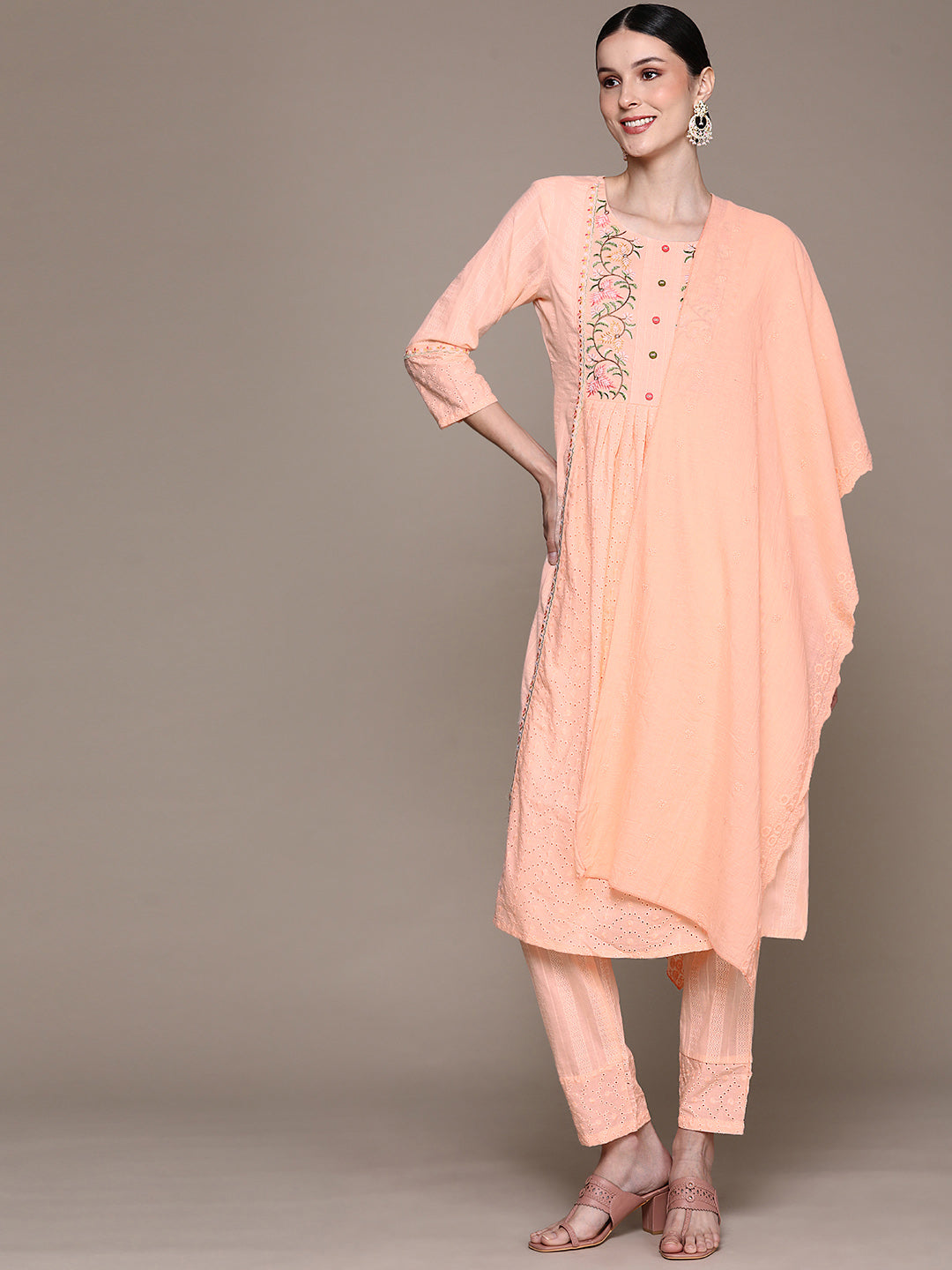 Ishin Women's Peach Embroidered Panelled Kurta with Trouser & Dupatta