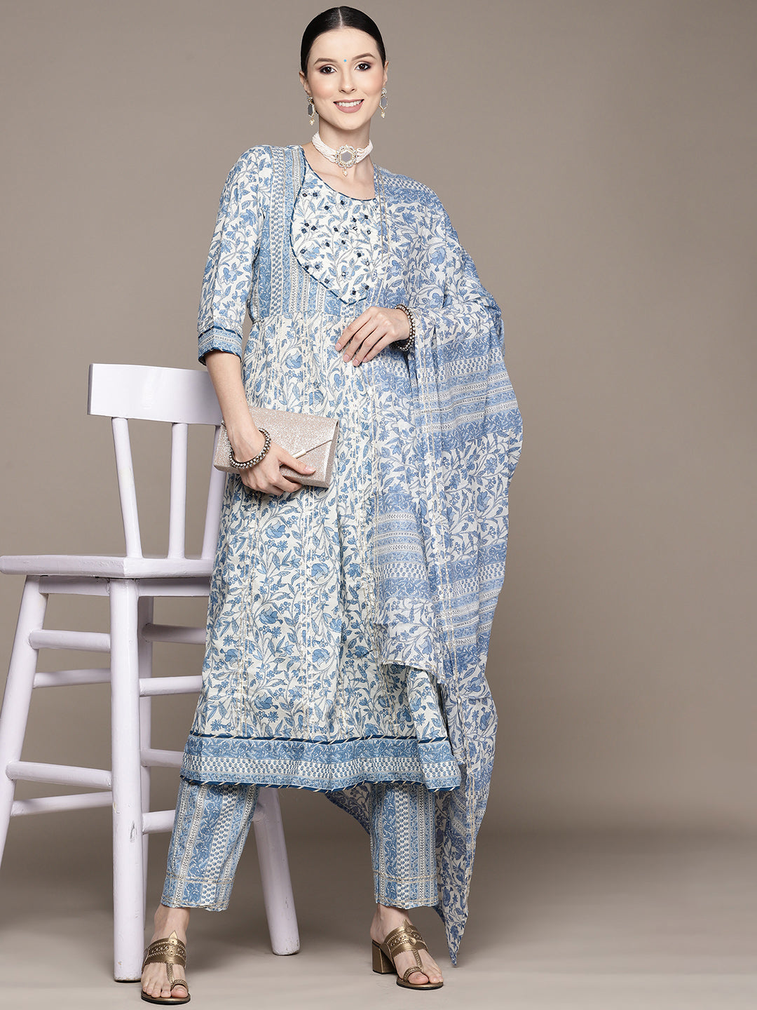 Ishin Women's Blue Embroidered Anarkali Kurta with Trouser & Dupatta