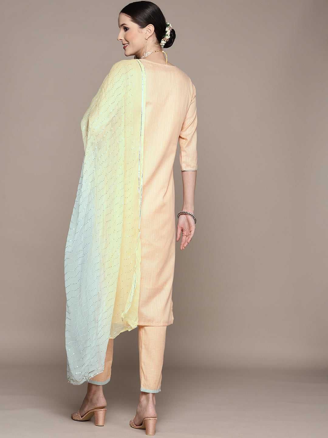 Ishin Women's Peach Embellished A-Line Kurta with Trouser & Dupatta