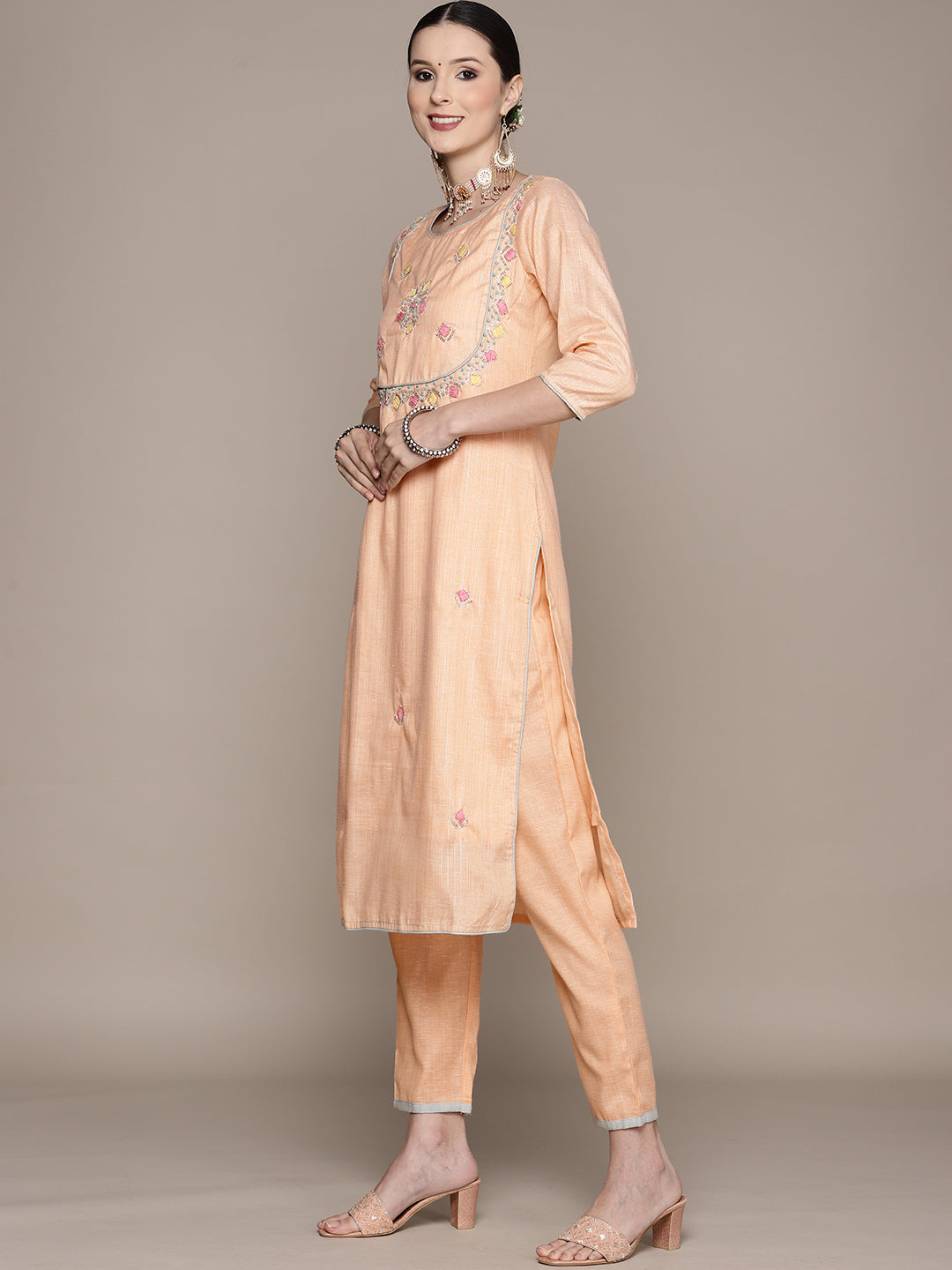 Ishin Women's Peach Embellished A-Line Kurta with Trouser & Dupatta