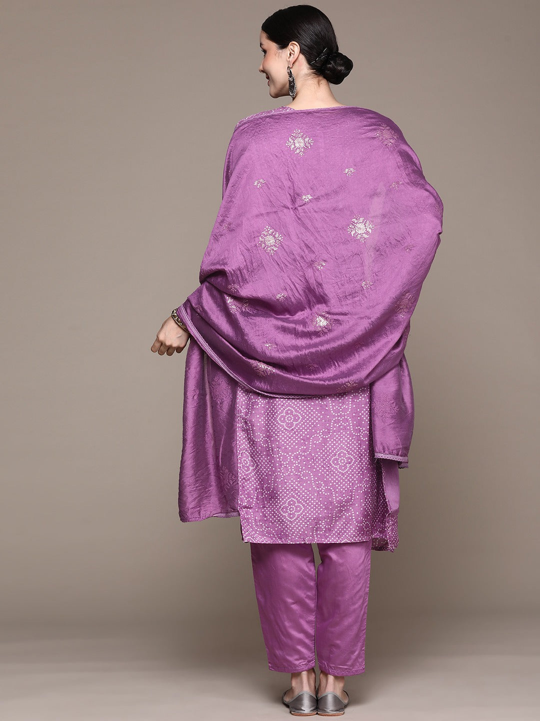 Ishin Women's Purple Yoke Embellished Bandhani A-Line Kurta with Trouser & Dupatta
