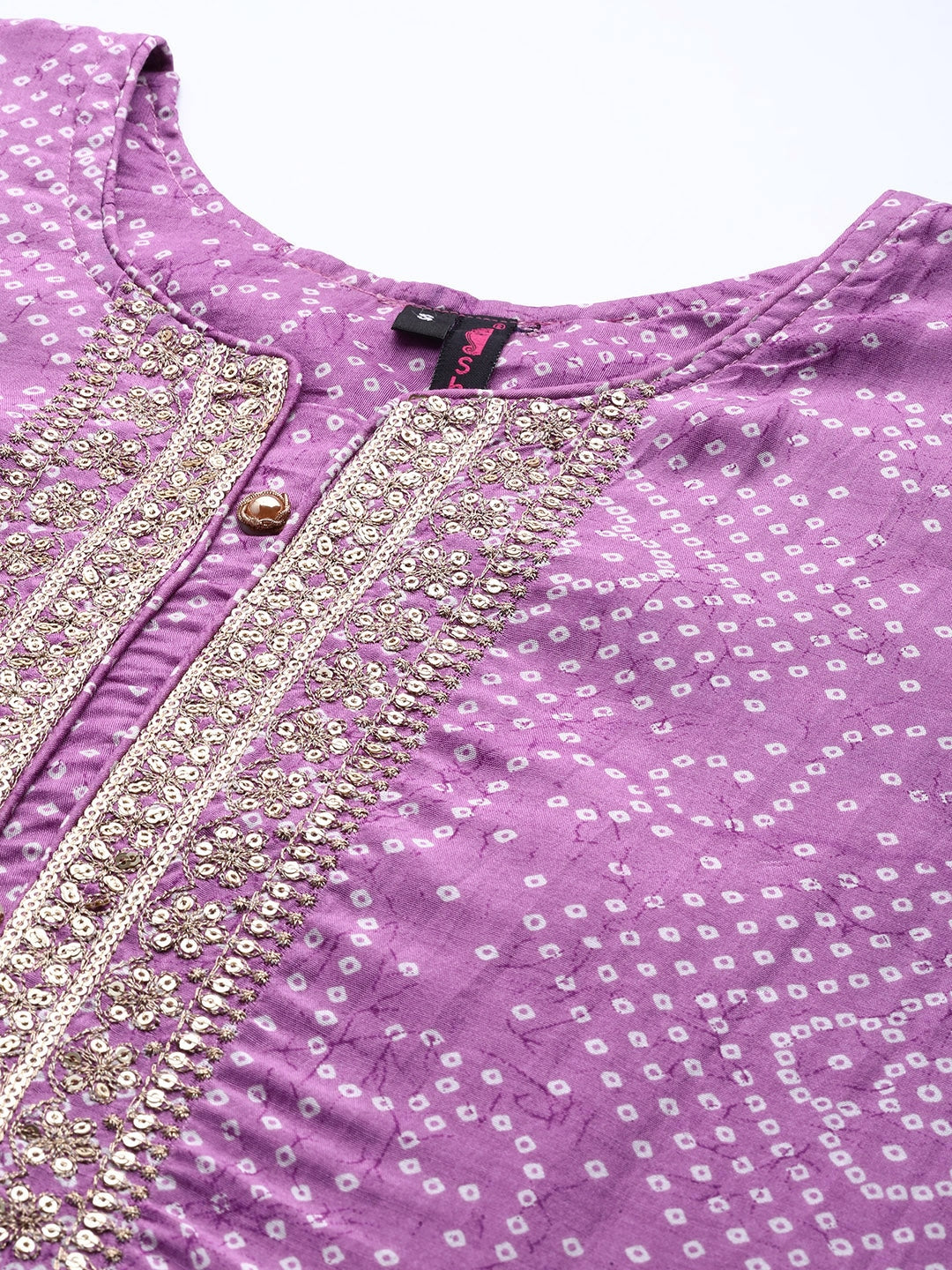 Ishin Women's Purple Yoke Embellished Bandhani A-Line Kurta with Trouser & Dupatta