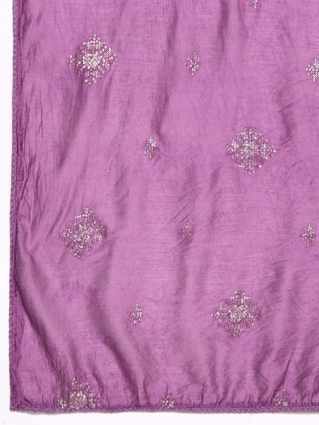 Ishin Women's Purple Yoke Embellished Bandhani A-Line Kurta with Trouser & Dupatta
