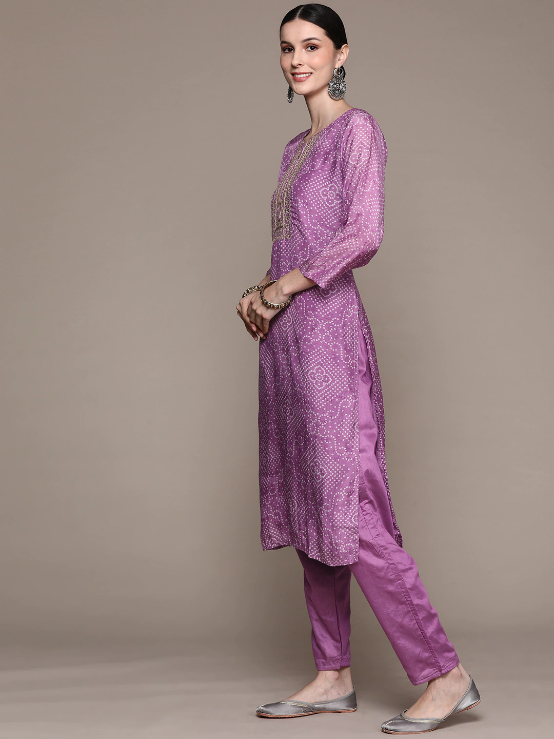 Ishin Women's Purple Yoke Embellished Bandhani A-Line Kurta with Trouser & Dupatta