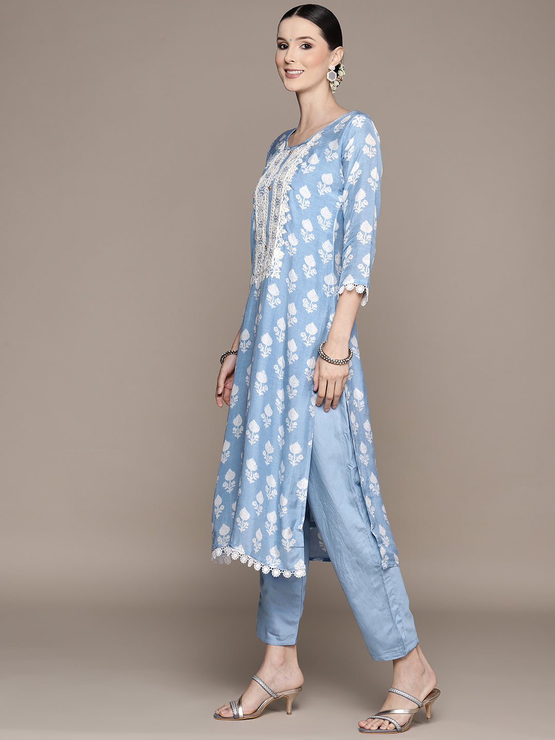 Ishin Women's Blue Yoke Embroidered Straight Kurta with Trouser & Dupatta