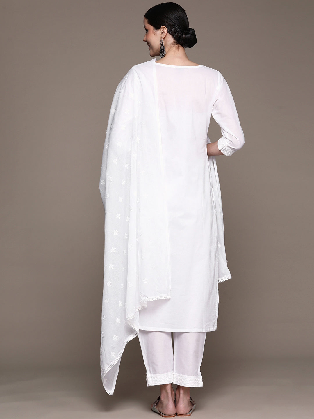 Ishin Women's White Embroidered A-Line Kurta with Trouser & Dupatta