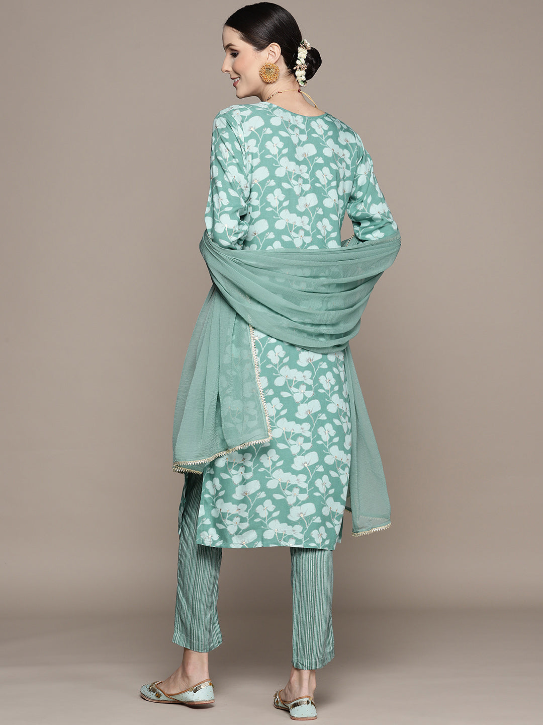 Ishin Women's Green Embellished A-Line Kurta with Trouser & Dupatta