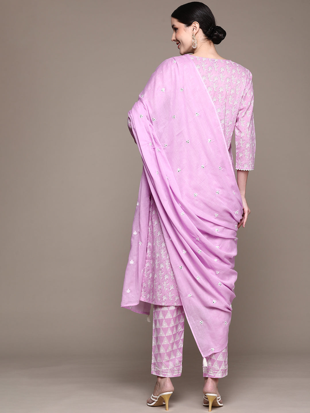Ishin Women's Purple Embroidered A-Line Kurta with Trouser & Dupatta