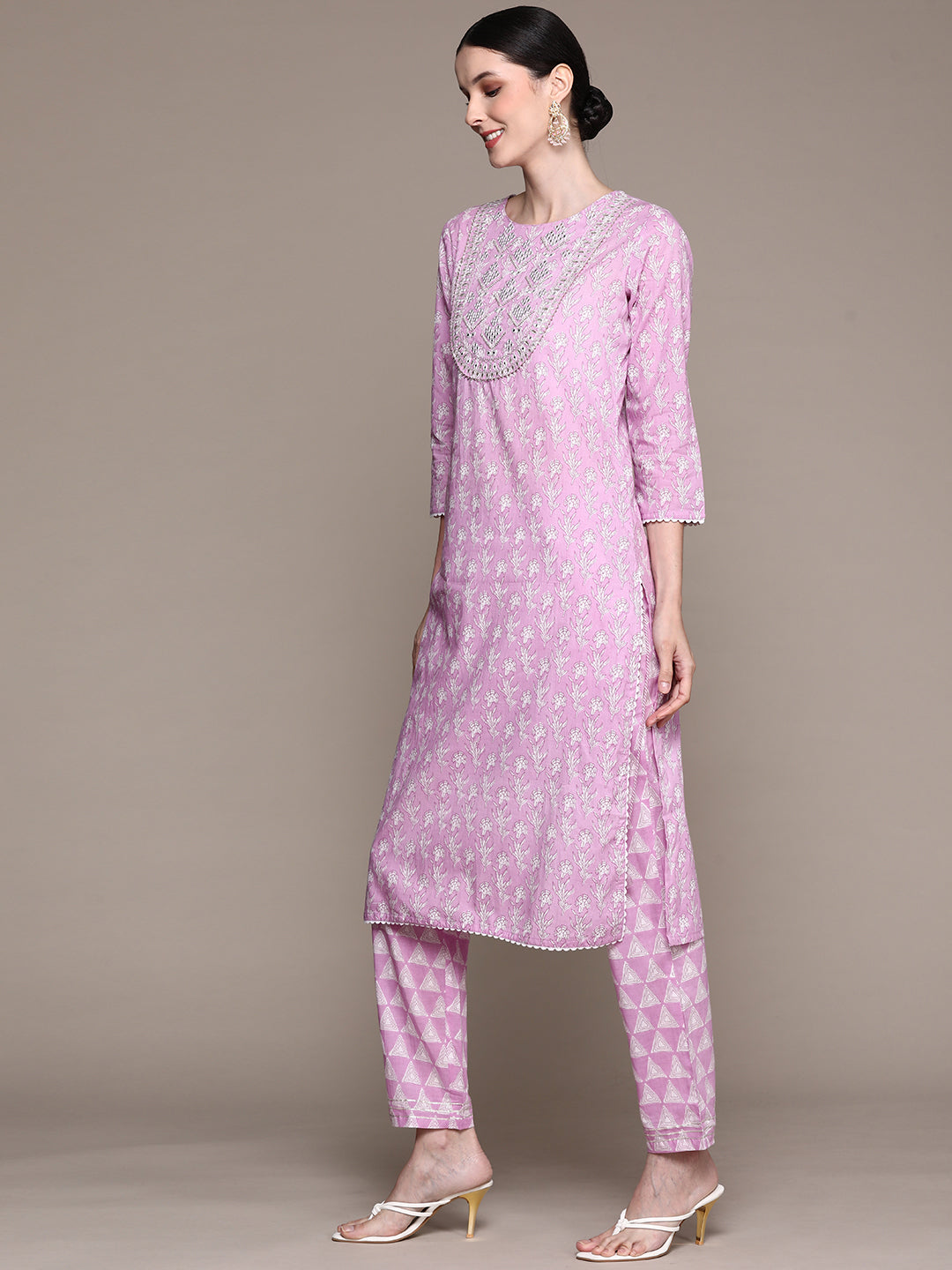 Ishin Women's Purple Embroidered A-Line Kurta with Trouser & Dupatta