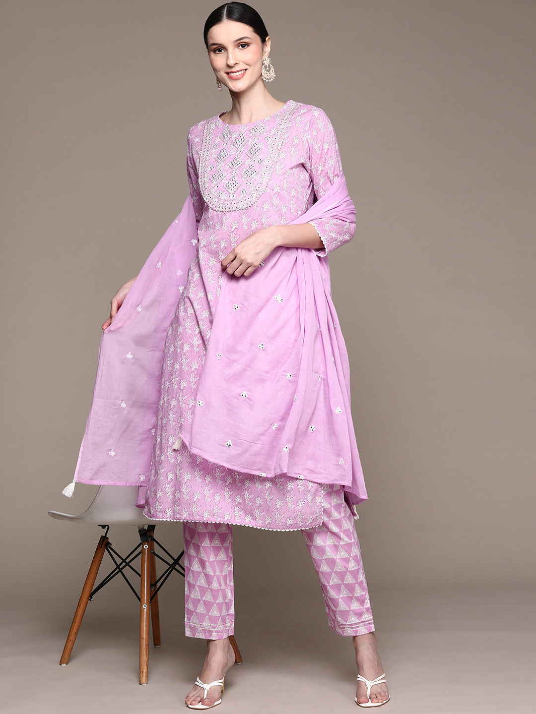 Ishin Women's Purple Embroidered A-Line Kurta with Trouser & Dupatta