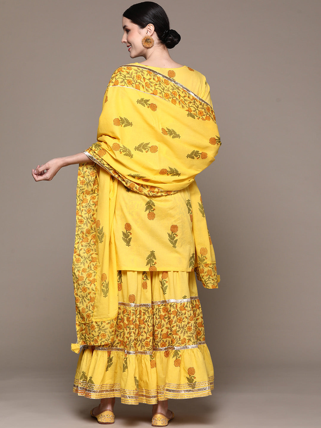 Ishin Women's Yellow Zari Embroidered A-Line Kurta with Sharara & Dupatta