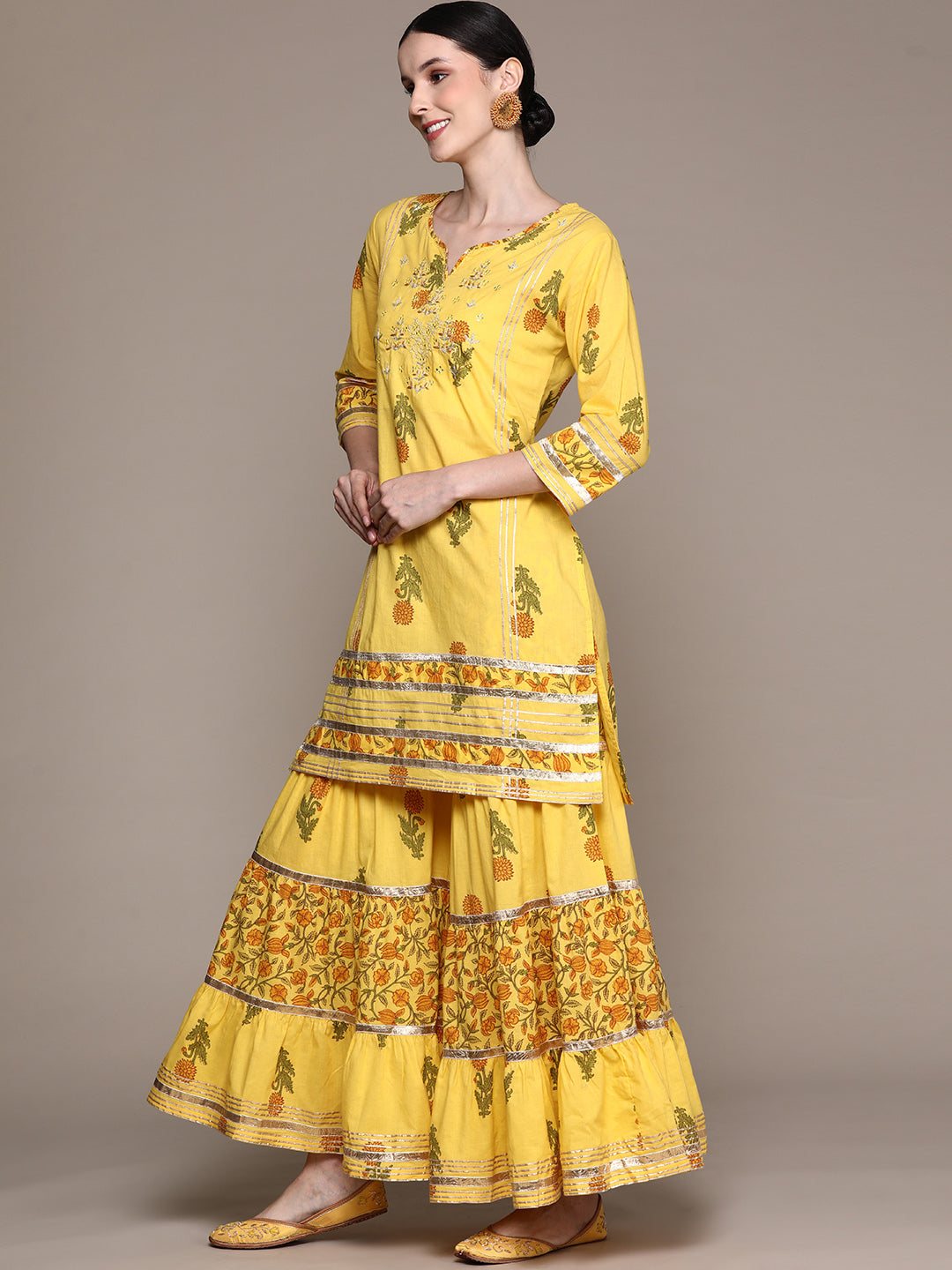 Ishin Women's Yellow Zari Embroidered A-Line Kurta with Sharara & Dupatta