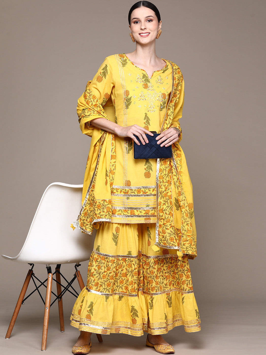 Ishin Women's Yellow Zari Embroidered A-Line Kurta with Sharara & Dupatta