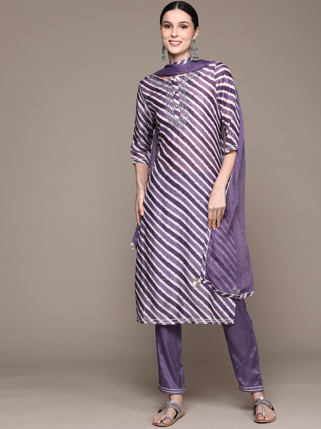 Ishin Women's Purple Embellished Leheriya A-Line Kurta with Trouser & Dupatta