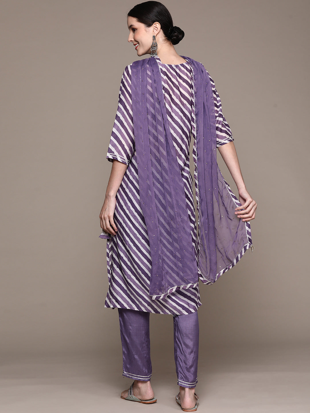 Ishin Women's Purple Embellished Leheriya A-Line Kurta with Trouser & Dupatta