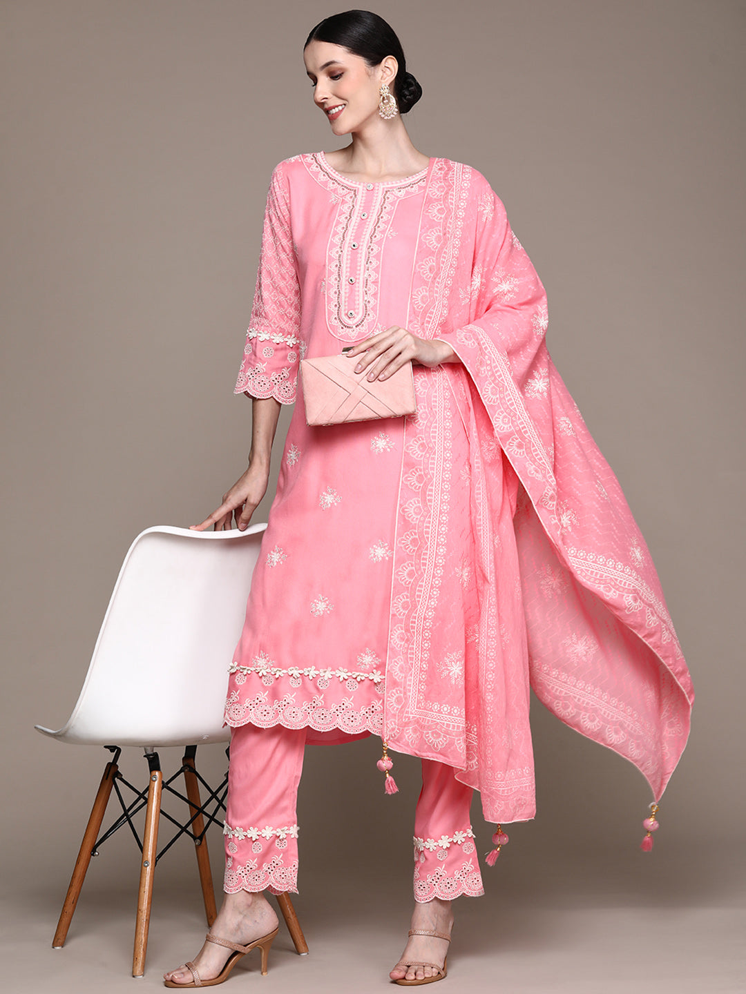 Ishin Women's Pink Embroidered A-Line Kurta with Trouser & Dupatta