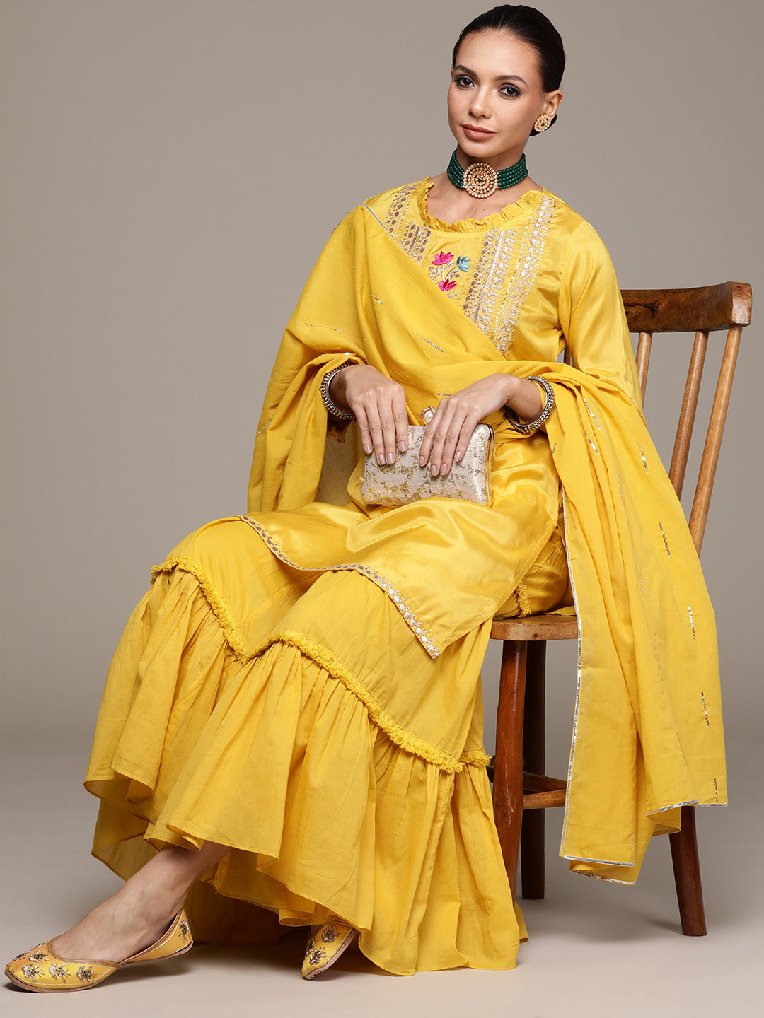 Ishin Women's Yellow Embroidered Straight Kurta with Sharara & Dupatta
