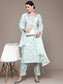 Ishin Women's Blue Embroidered A-Line Kurta with Trouser & Dupatta