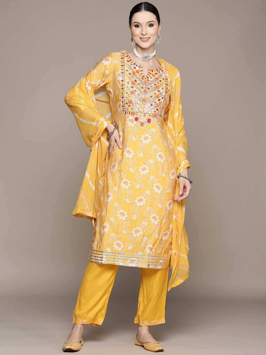 Ishin Women's Yellow Yoke Design A-Line Kurta with Trouser & Dupatta