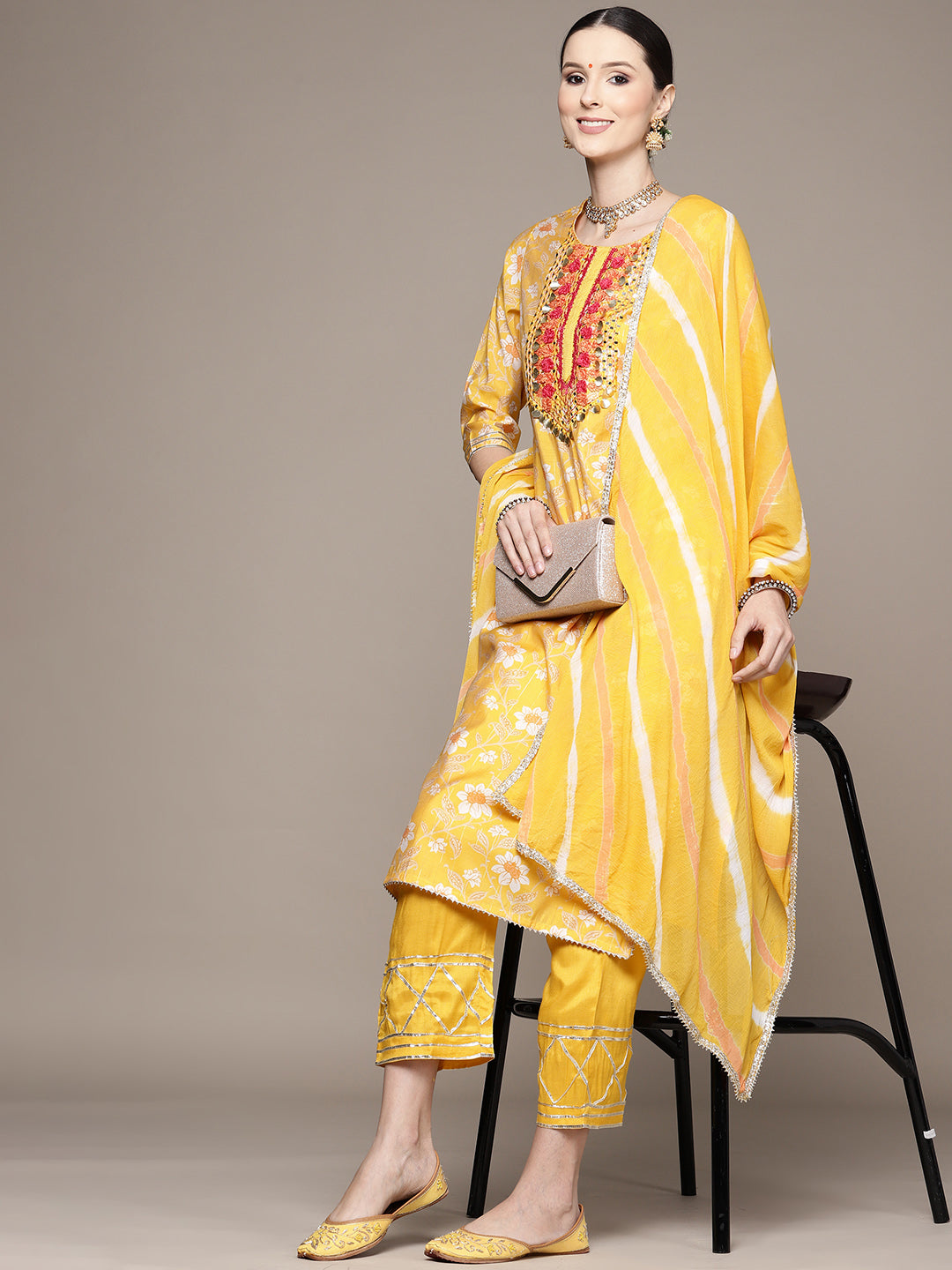 Ishin Women's Yellow Yoke Design A-Line Kurta with Trouser & Dupatta