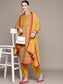 Ishin Women's Mustard Yoke Embroidered Straight Kurta with Trouser & Dupatta