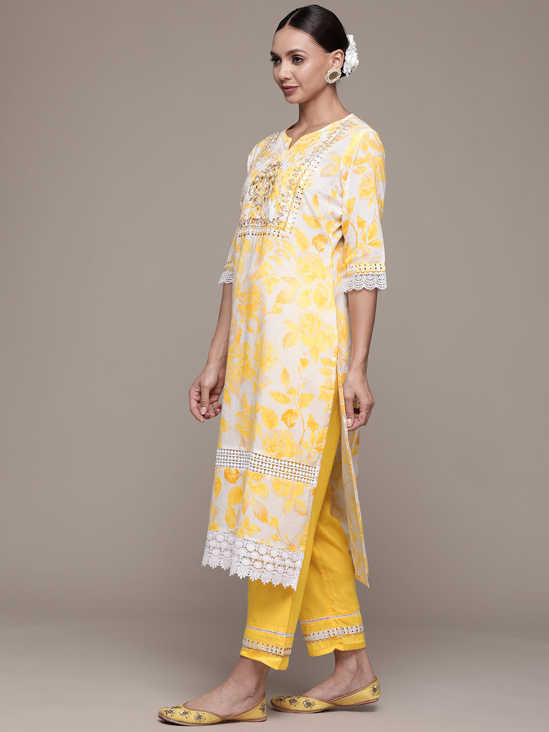 Ishin Women's Yellow Yoke Embroidered A-Line Kurta with Trouser & Dupatta