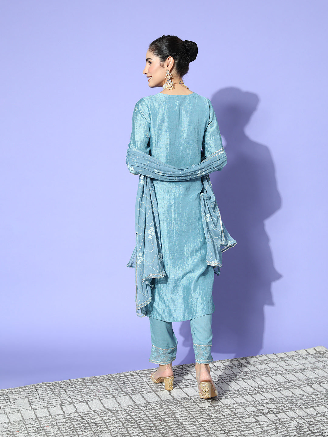 Ishin Women's Blue Embellished A-Line Kurta with Trouser & Dupatta