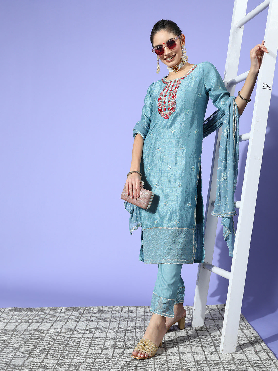 Ishin Women's Blue Embellished A-Line Kurta with Trouser & Dupatta