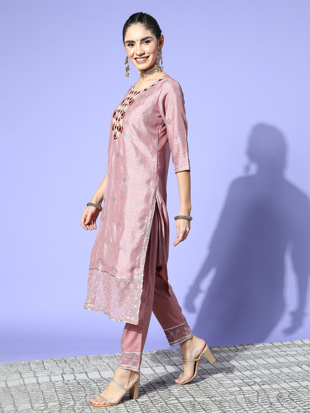 Ishin Women's Mauve Embellished A-Line Kurta with Trouser & Dupatta