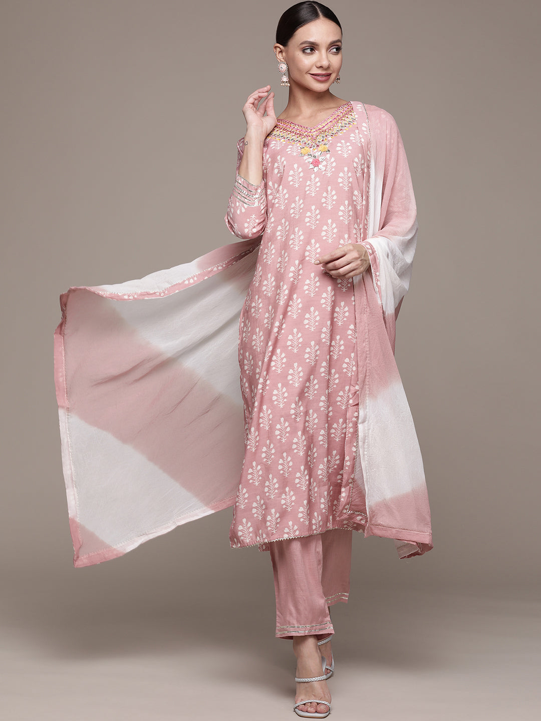 Ishin Women's Mauve Embroidered Straight Kurta with Trouser & Dupatta