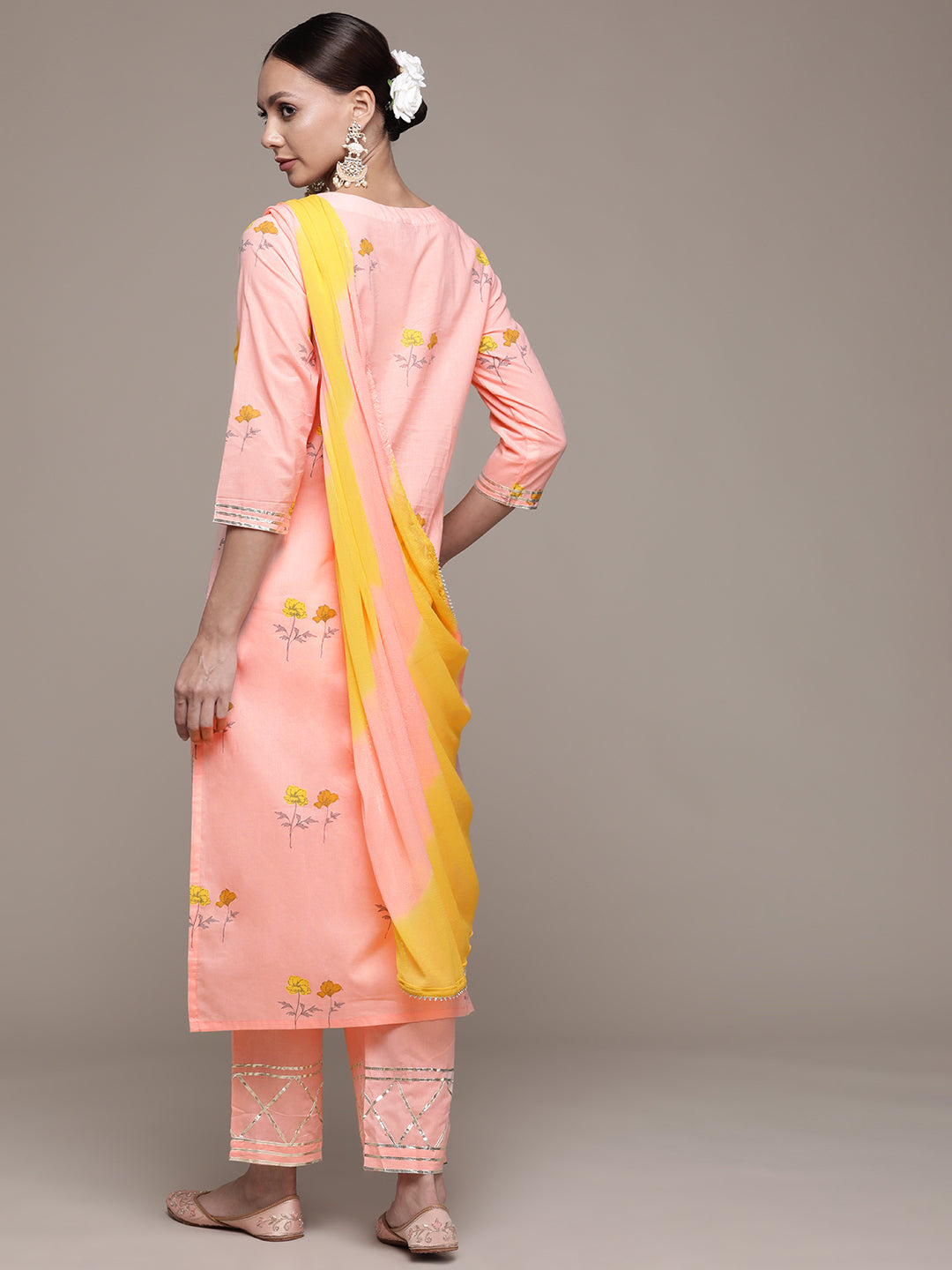 Ishin Women's Pink Yoke Embroidered A-Line Kurta with Trouser & Dupatta