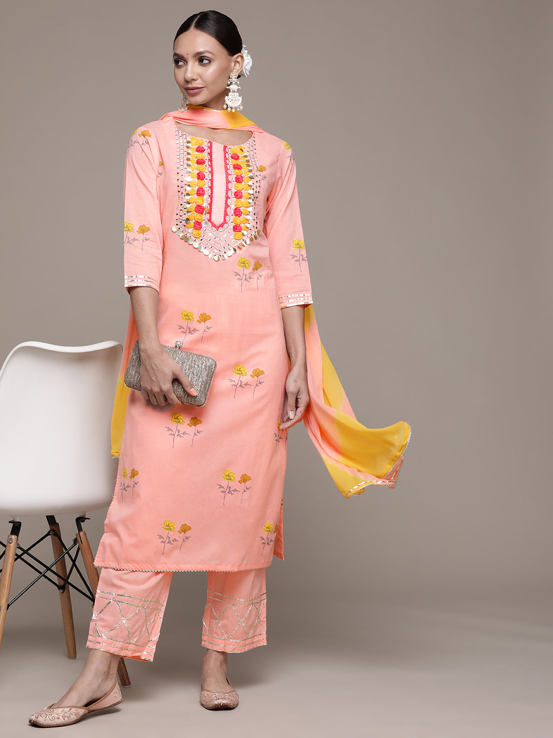 Ishin Women's Pink Yoke Embroidered A-Line Kurta with Trouser & Dupatta