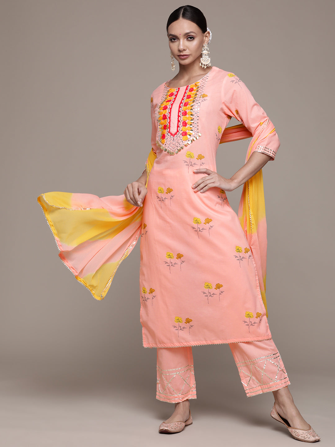 Ishin Women's Pink Yoke Embroidered A-Line Kurta with Trouser & Dupatta