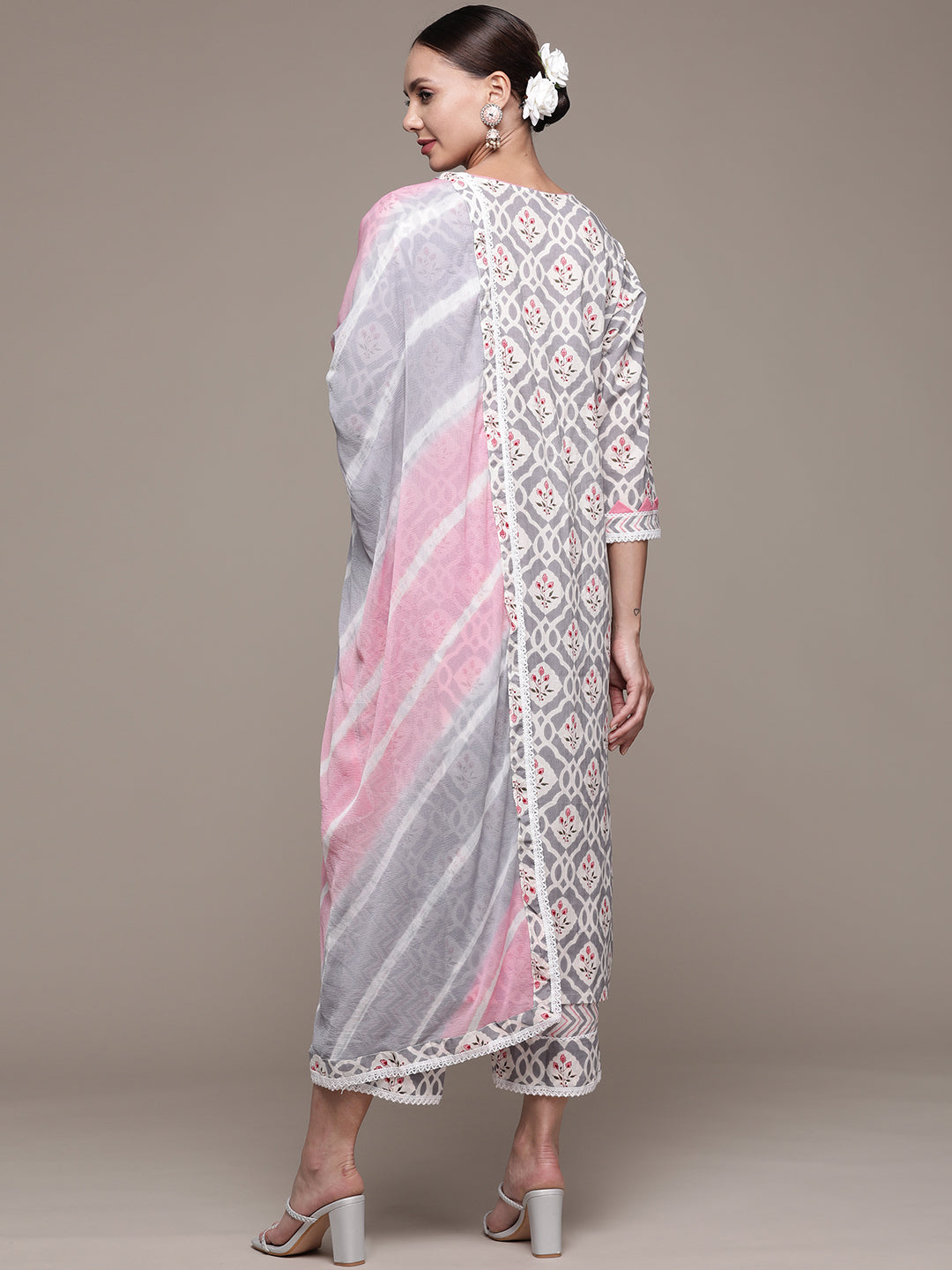 Ishin Women's Grey Yoke Embroidered A-Line Kurta with Trouser & Dupatta