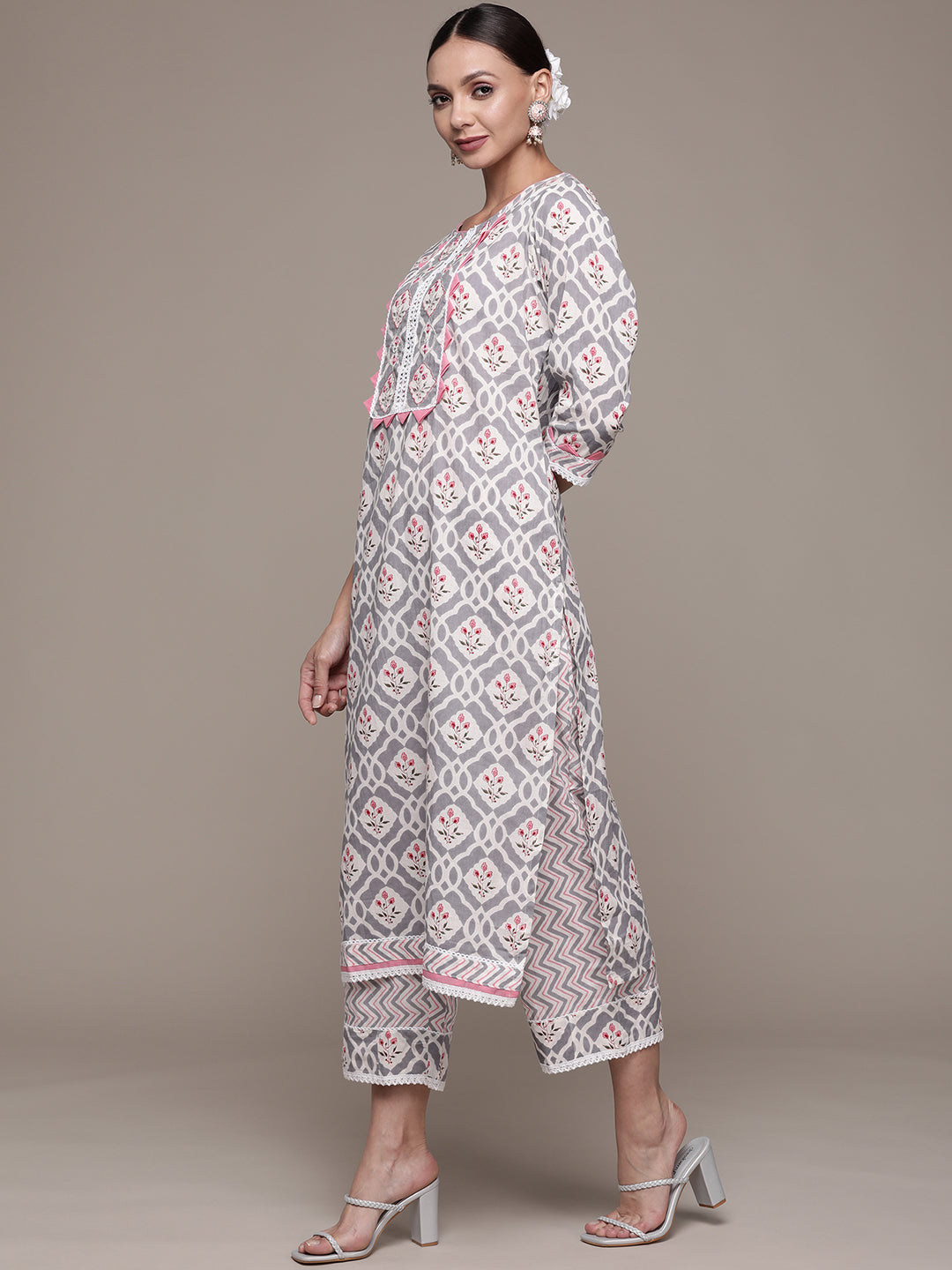Ishin Women's Grey Yoke Embroidered A-Line Kurta with Trouser & Dupatta