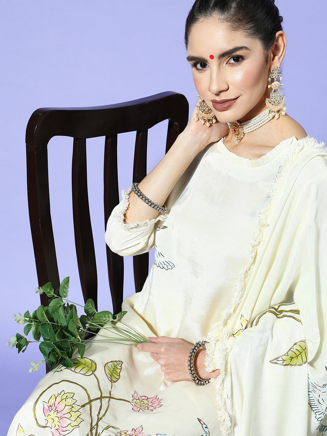 Ishin Women's Cream Embellished Kurta with Trouser & Dupatta