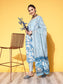 Ishin Women's Blue Yoke Embroidered A-Line Kurta with Trouser & Dupatta