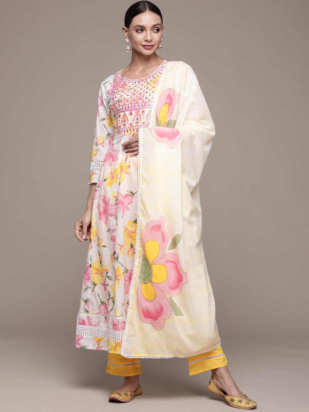 Ishin Women's White Embroidered Floral Anarkali Kurta with Trouser & Dupatta