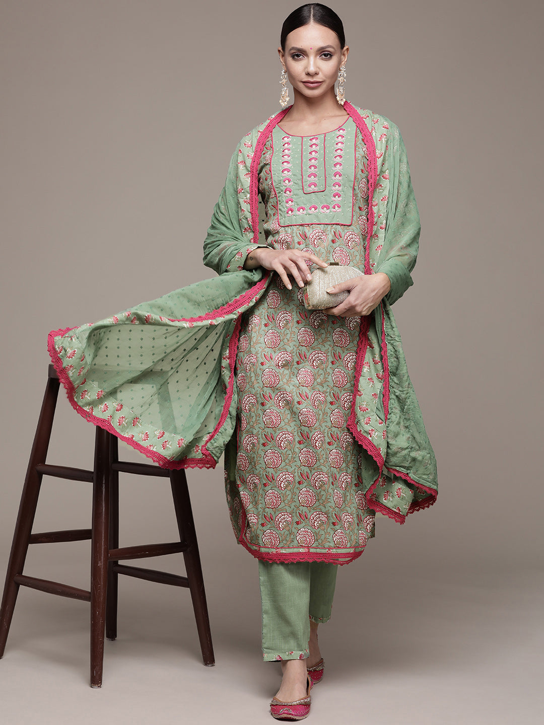 Ishin Women's Green Embroidered A-Line Kurta with Trouser & Dupatta