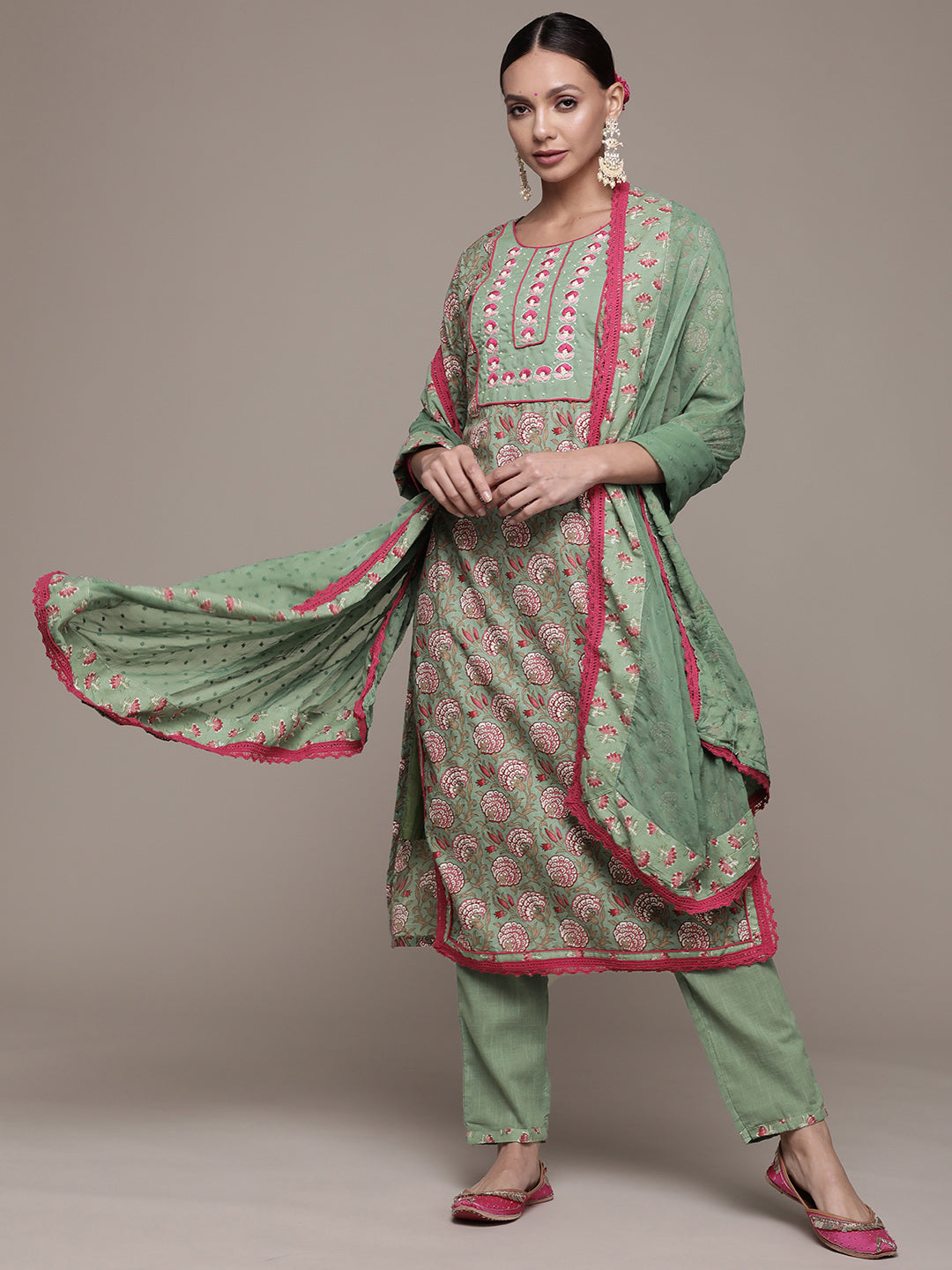 Ishin Women's Green Embroidered A-Line Kurta with Trouser & Dupatta