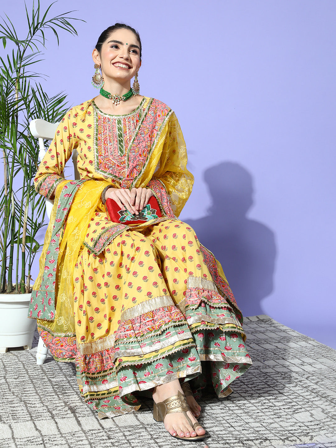 Ishin Women's Yellow Embroiderd A-Line Short Kurta with Sharara & Dupatta
