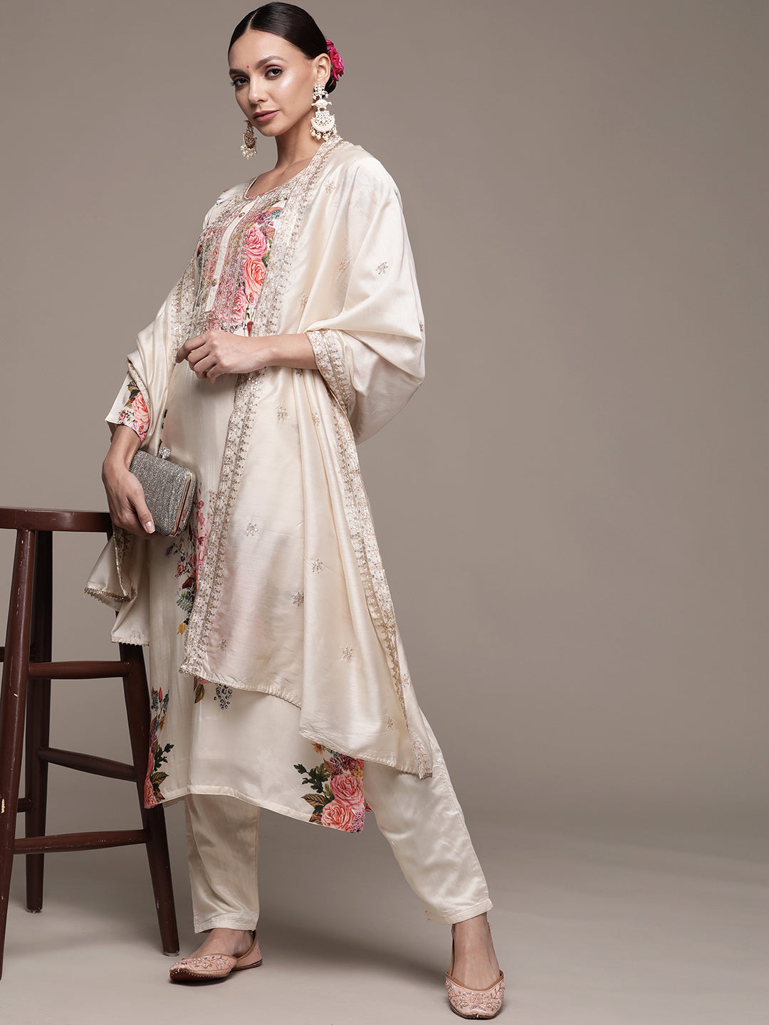 Ishin Women's Cream Embellished A-Line Kurta with Trouser & Dupatta