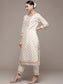 Ishin Women's Cotton Cream Embroidered A-Line Kurta Trouser Dupatta Set