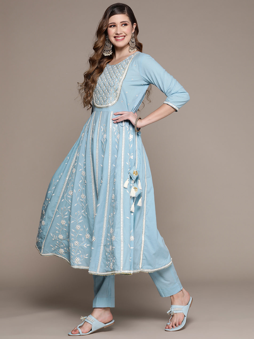 Ishin Women's Blue Embellished Anarkali Kurta with Trouser & Dupatta